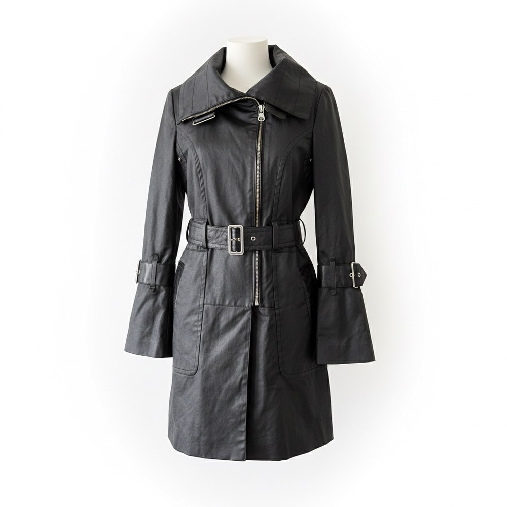 RUDSAK Black Trench Coat with Leather Belt and Cuffs Size XS